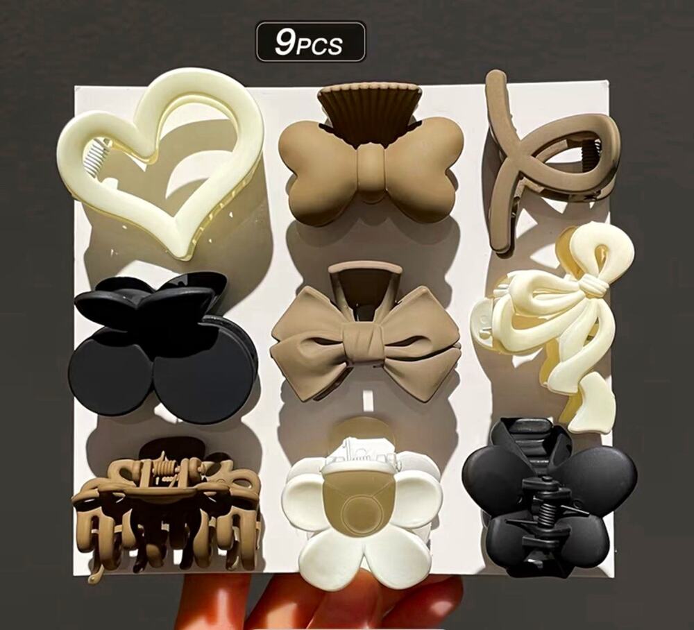 9pcs Women Plastic Hair Claw Clips Set, Solid Multicolor Bow Flower Heart